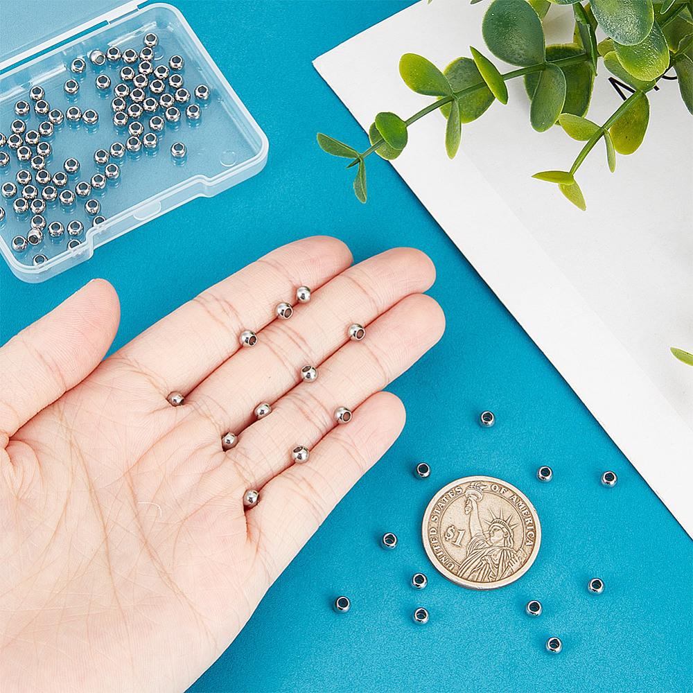 201 Stainless Steel Spacer Beads, Round, Stainless Steel Color, 4x3mm, Hole: 2mm, 100pcs