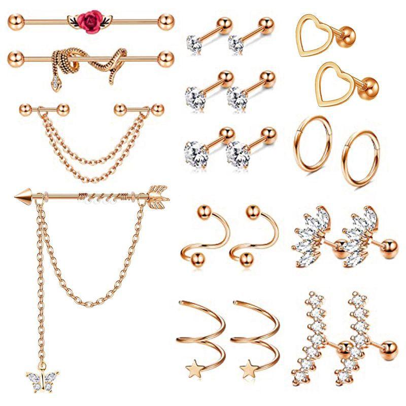 Zirconia stud earrings, stainless steel pierced ear bone pins set, body piercing accessories