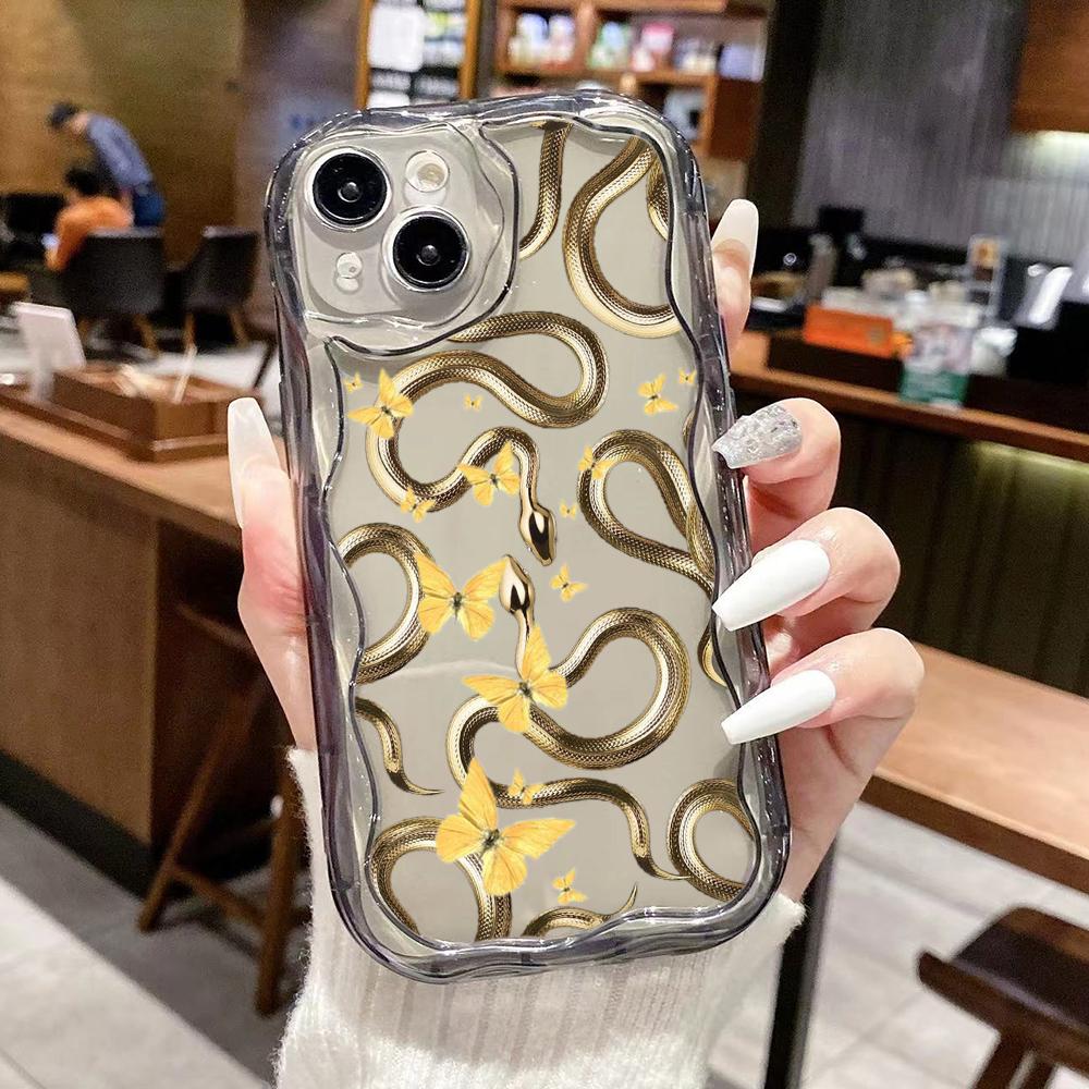 LZ5 Butterfly Černo-zlatý Hadí Průhledný Měkký Vlnitý Pouzdro na Telefon pro iPhone 15 13 Pro Max 12 Mini 14 8 Plus XS Max XR 6 Ochranný Zadní Kryt
