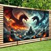 Two Dragons Tapestry, Fire and Ice Beasts Over Medieval City, Epic Fantasy Battle Wall Hanging for Bedroom Living Room