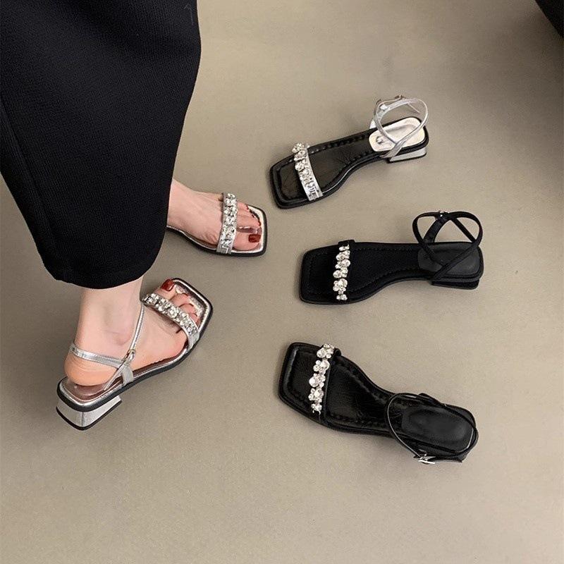 One-word Buckle with Sandals Female New Rhinestone Temperament Fairy with Skirt Thick Heel Silver Shoes