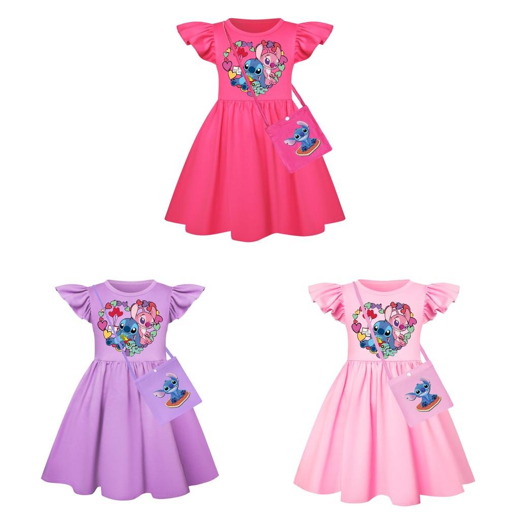 Girl Stitch Pattern Short Sleeve Nightdress With Ruffle Hem For Kids Fashion