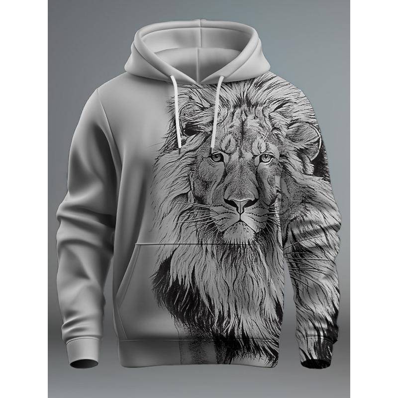 Neuer Grafik Löwe Herrenmode 3D Druck Hoodie Streetwear Kapuzenpullover Langarm Kapuze Vordertasche Frühling Sweatshirt