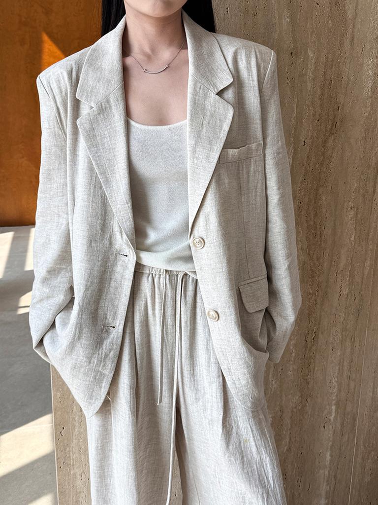 Women's Autumn Cotton Linen Blazer Suit Set with Pants