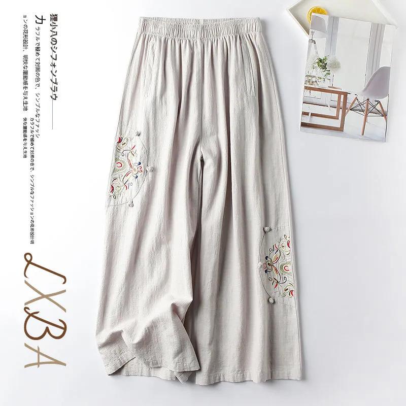 Retro Ethnic Embroidery Wide Leg Pants for Women Summer Fashion Casual Loose Thin Style Versatile Comfortable Women's Pant