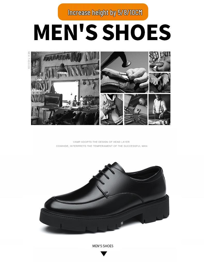 Men's Formal Leather Shoes, Autumn Style, 8CM Inner Lift, Thick Sole, Lace-up, Trendy Big Toe Design.