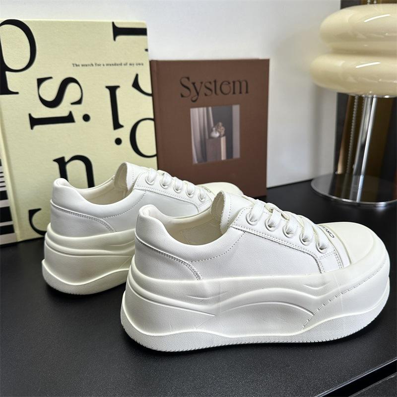 Leather Thick-soled Heightening Little White Shoes Women's Spring 2025 New Big-headed Bread Shoes Versatile Lace-up Casual Board Shoes