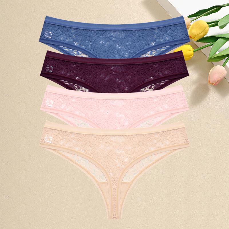 4Pcs Lace Hollow Out Thongs Underwear Women Floral Print Panties Sexy Low-Waist G-String Girls Soft Perspective Lingerie