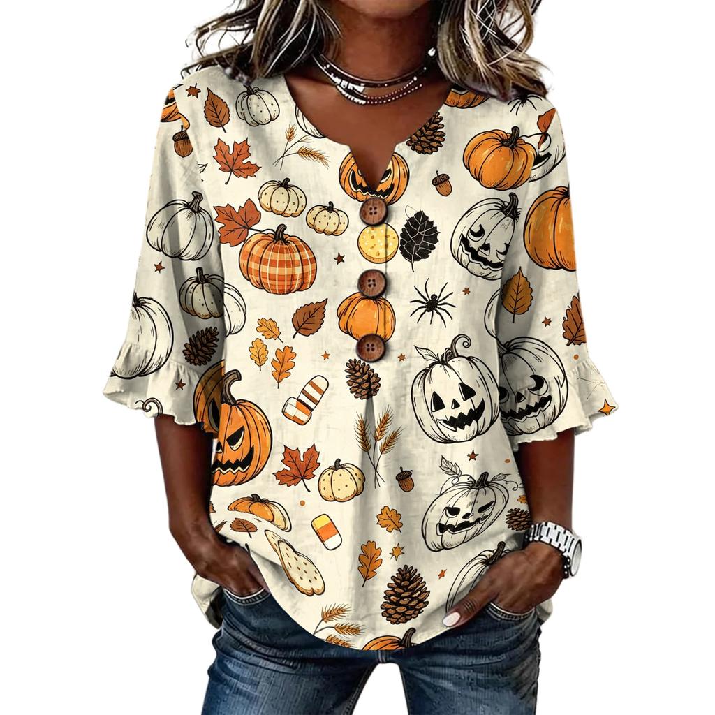 Women's Casual V-Neck Ruffle Sleeve Loose Fit Blouse, Halloween Print Top with All-Over Pattern