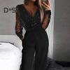 Jumpsuit for kvinner Gjennomsiktig mesh patchwork høy midje med lommer brede ben V-hals ballfest formell bankett jumpsuit