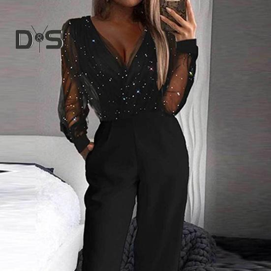 Jumpsuit for kvinner Gjennomsiktig mesh patchwork høy midje med lommer brede ben V-hals ballfest formell bankett jumpsuit