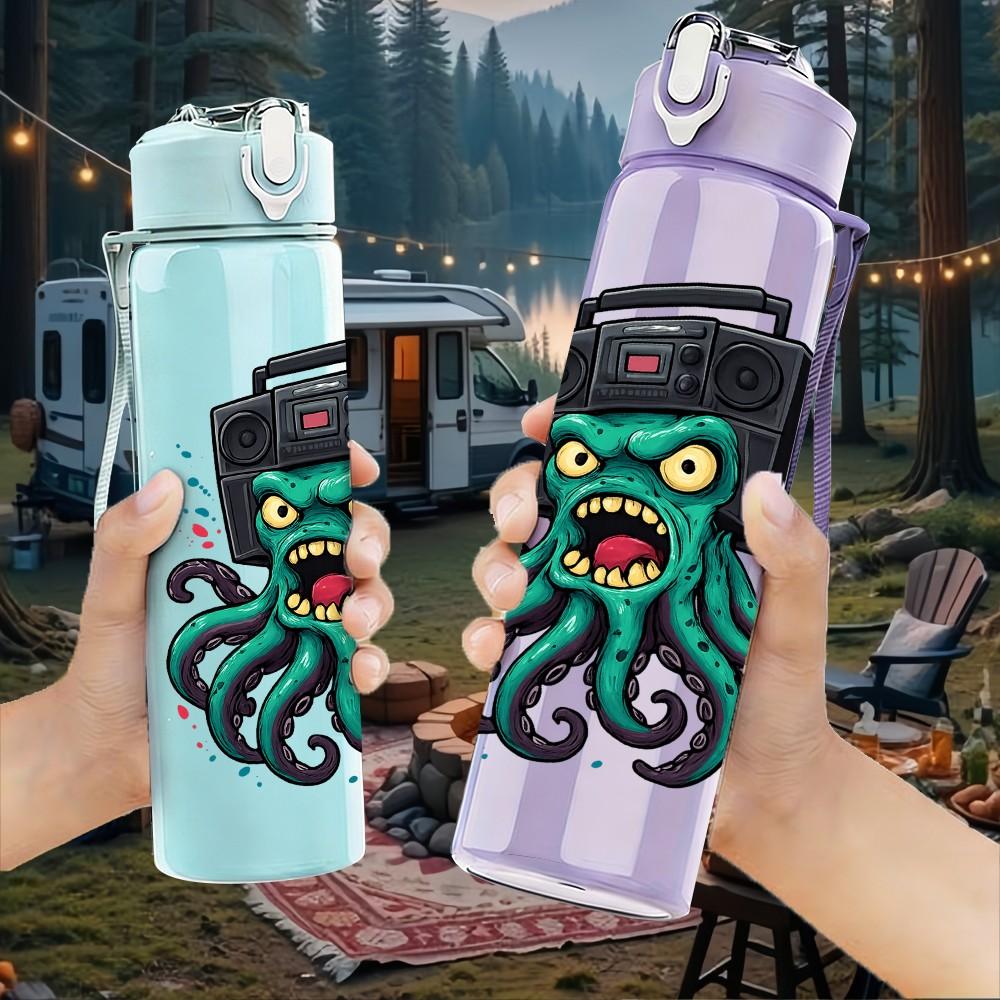 1PC Octopus Monster Pattern 750ml Color Plastic Sports Water Bottle Leakproof Flip Straw Lid Suitable for Sports Office Home Use