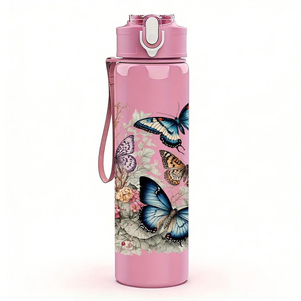 1PC Butterfly Multi Layer Floral Frame Print 750ml Color Plastic Sports Water Bottle Leakproof Flip Straw Lid Suitable for Sports Office Home Use