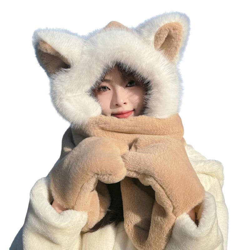 Winter female cute fox ear hat double layer thickened scarf hat gloves three-piece warm plush pullover hat