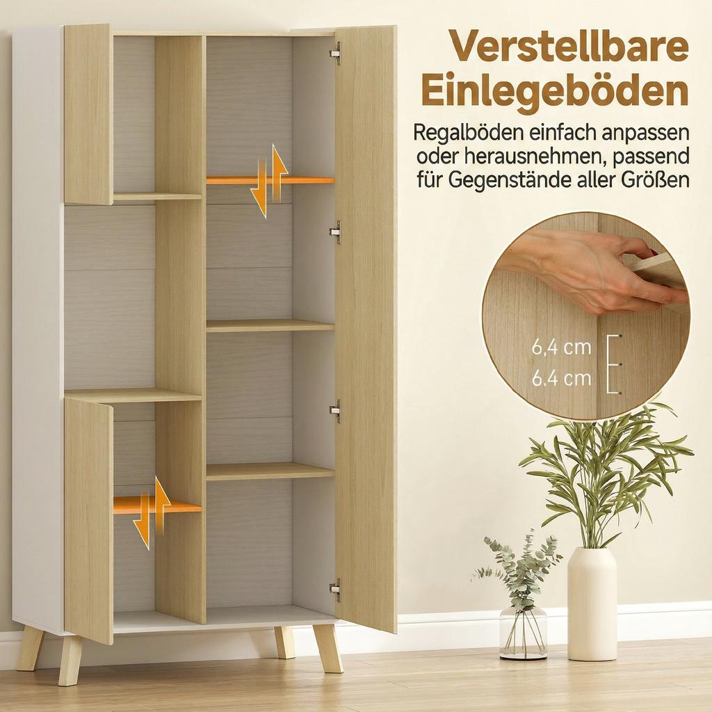 170 cm Kitchen Cabinet, Modern Cabinet with Open Compartment, Adjustable Shelves, Natural Wood Look