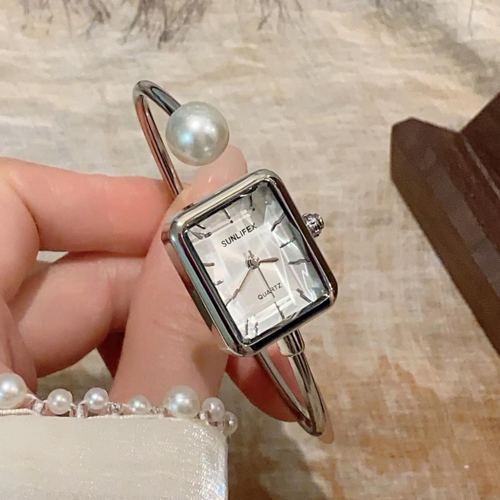 Sunlifex Femme Luxury Women's bracelet Watch 1 Large Pearl Cut Glass Square Dial Quartz Wristwatch Hand Bangle Saati Relojes