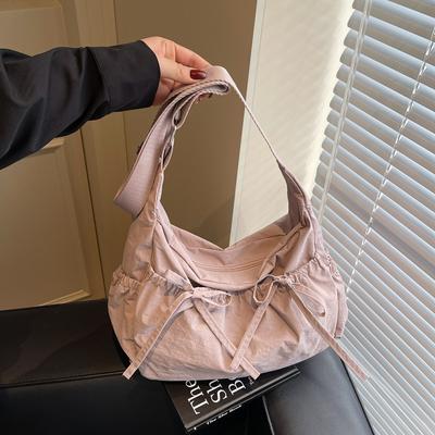 Solid Color Ruched Design Ladies Nyl Cloth Shoulder Bags Large Capacity Female Crossbody Bag Sweet Bow Strap Women's Handbags