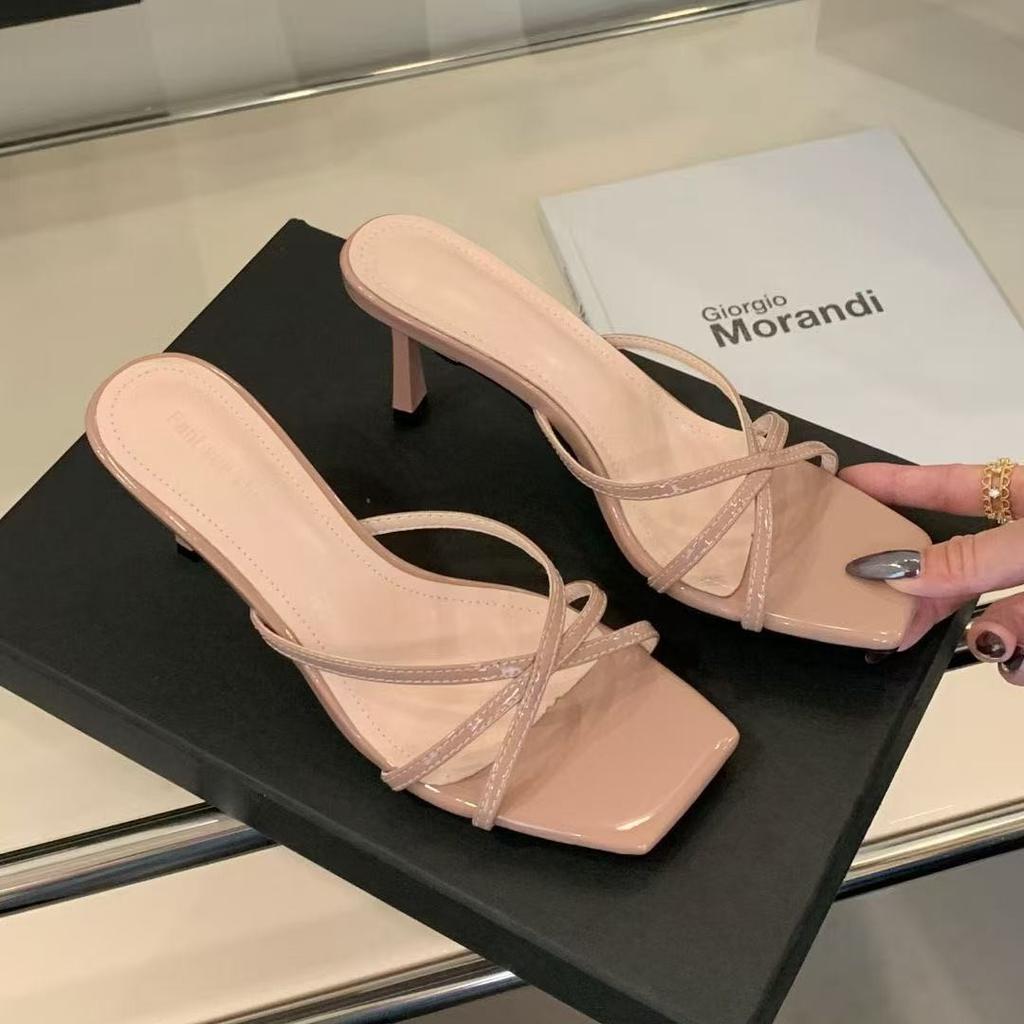 In the Summer of 2025, the New One-word Strap Square Head Open-toed Hollow Stiletto Lazy Person Wears Half-drag Holiday Sandals Women