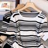 Women Sweaters Pullovers 2025 Summer Short Sleeve O-Neck White Black Striped Knitted Sweater Women Tops Pullover JJ182