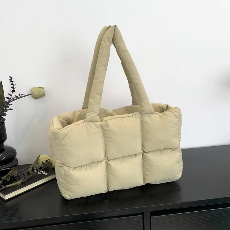 Dames Gekantelde Puffer Tote Tas Grote Capaciteit Waterdicht Schouder Handtas Effen Kleur Zacht Casual Winter Boodschappentas