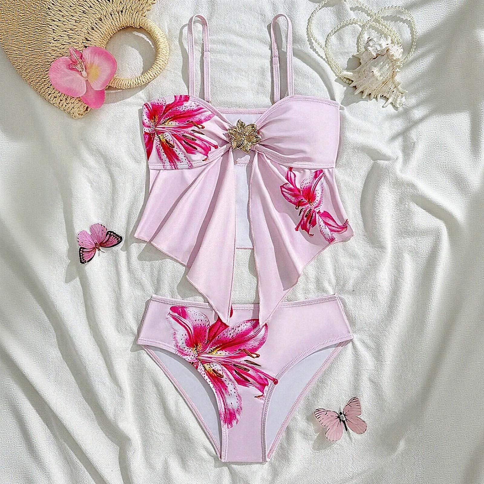 Brilliantlife Meisjes Tweedelig Bikini Set Bloemenprint Zwempak Verstelbare Bandjes Top aan de Voorkant Comfortabele Zwemkleding voor Kinderen Jeugd 8 roze
