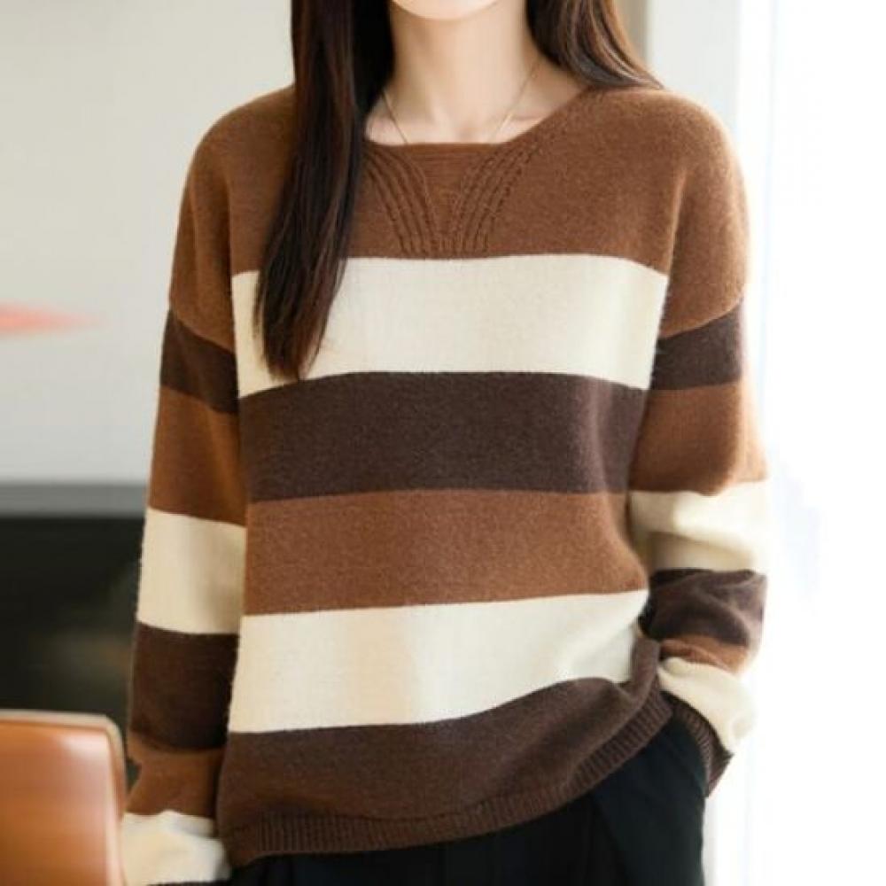 Navava Women Striped Colorblock Long Sleeve Knit Top Nk3529