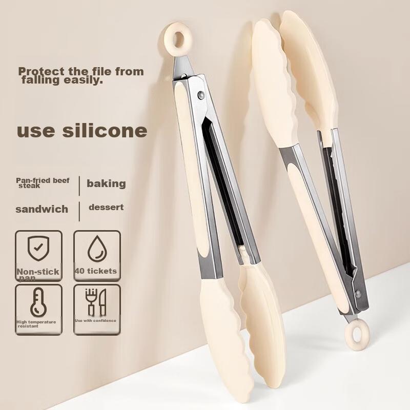 Dipuer Silicone Tongs for Kitchen Food Clamping, Commercial Use, Heat-Resistant, Anti-Scalding, for Steak And Barbecue