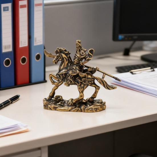 Brass General Figurine Retro Guan Yu On War Horse Statue Distressed Desktop Sculpture Collectible