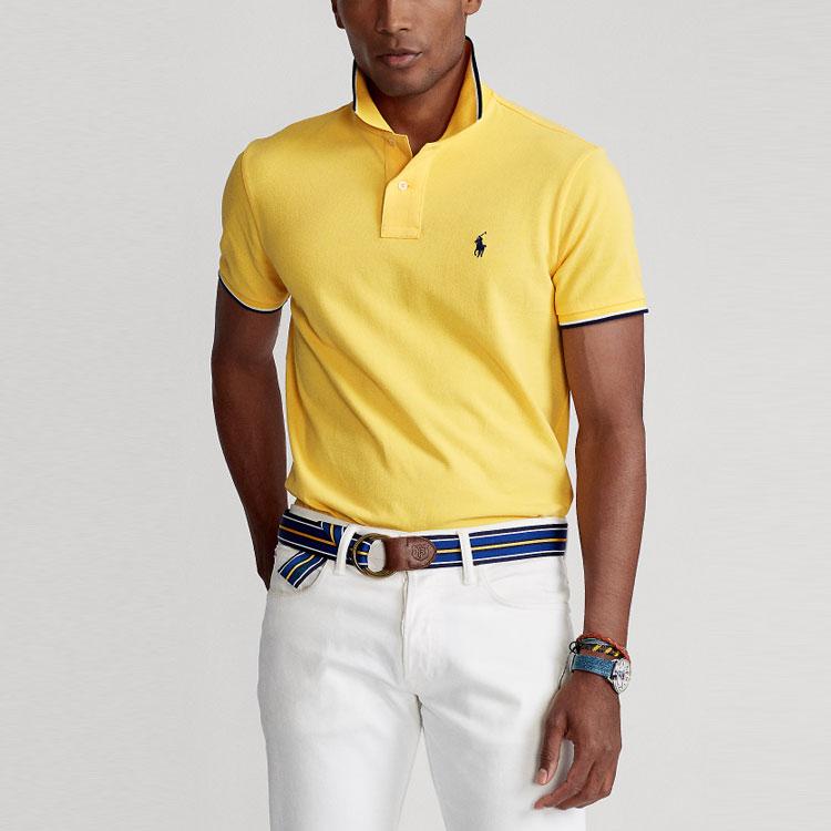 Polo Ralph Lauren Striped Trim Slim Fit Polo Shirt Men tops Yellow MNPOKNI1N821365