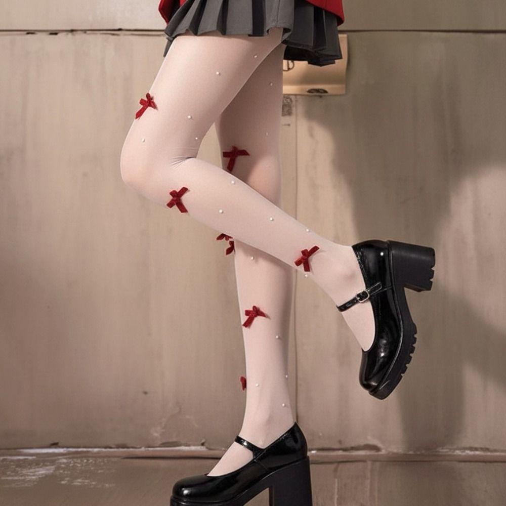 Pearl Embroidery Pearl Stockings Velvet Bow Pantyhose Fashionable Body Stockings Base Layer