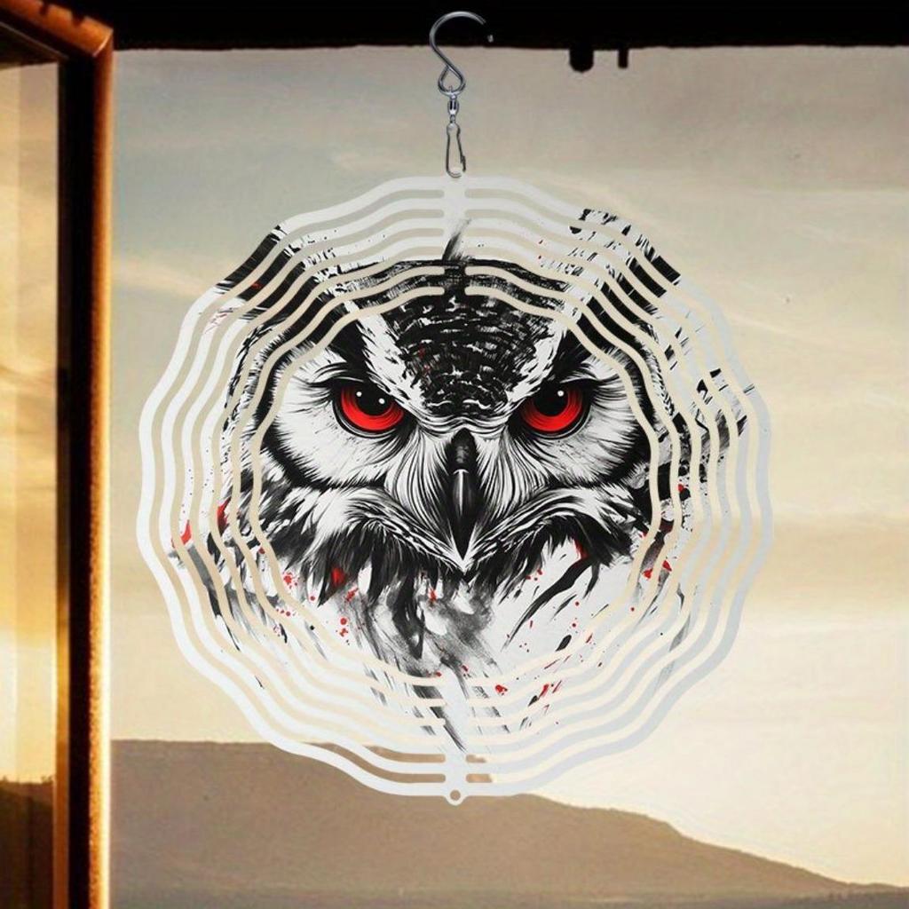 Metal Owl Wind Chime with Rotating Design for Outdoor Garden Yard Decoration Bird Repellent Hanging Spinner Art