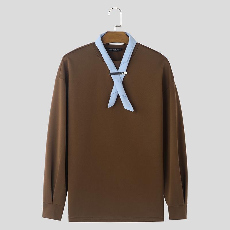 

INCERUN Мужские свободные свитера с завязками и о-образным вырезом с длинным рукавом, повседневные, большие толстовки 2XL коричневый