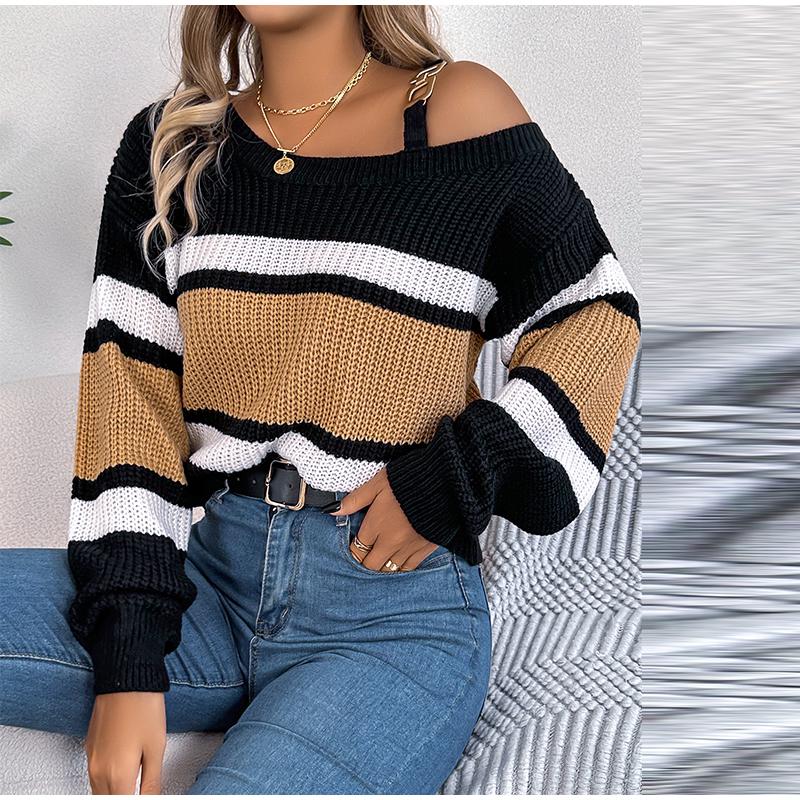 Сексуальный полосатый трикотажный пуловер с вырезом-лодочкой — фото 8