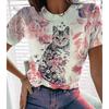 Women Summer T Shirt Trend Cat Print Retro Fashion Short Sleeve Tees Casual   Printed  Tops