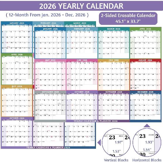 2026 Dry Erase Calendar – Large Yearly Wall Calendar 2026, 45.1'' X 33.7'', 2-Side Reversible Calendar 2026, Vertical/Horizontal, Jan 2026 – Dec