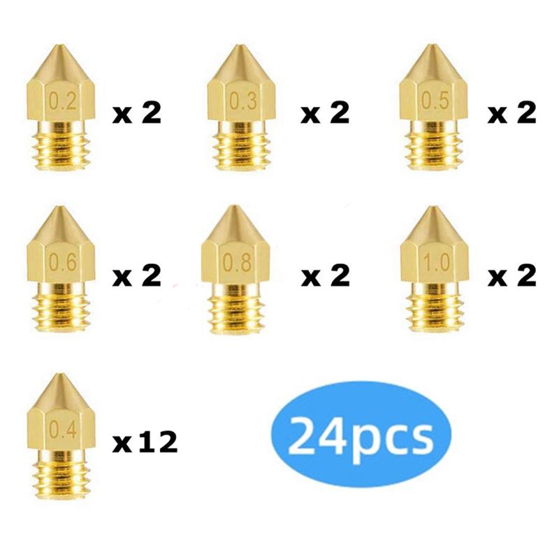 24pcs 3D Printer Extruder Mk8 Nozzles 0.2 0.3 0.4 0.5 0.6 0.8 1.0 Mm for Anet A8 Makerbot MK8 Creality CR-10 Ender 3 Ender 5