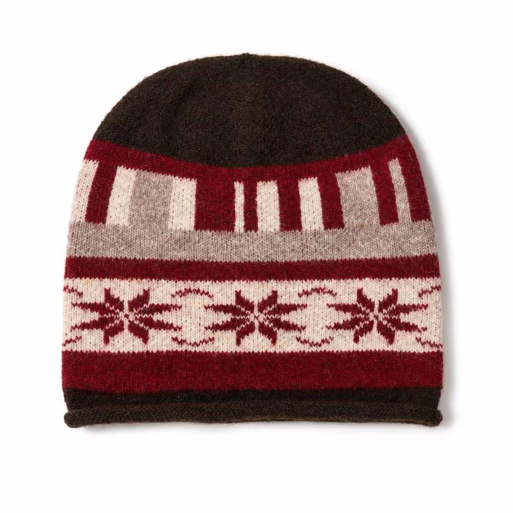 Winter Retro Fair Isle Jacquard Knitted Hat Women Plush Rolled Cuff Thickened Warm Beanie Pullover Cap