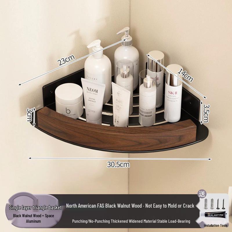 Walnut Corner Bathroom Shelf for Cosmetics, No-Drill Triangle Stand.
