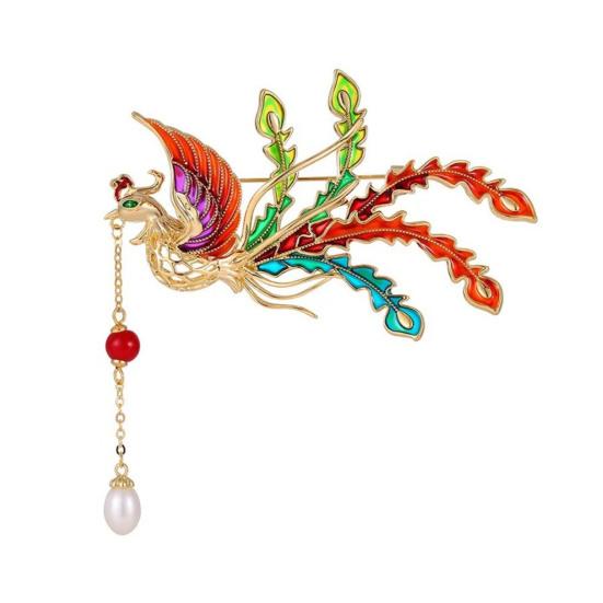 Brooch Retro Style Phoenix Design Lapel Pin with Faux Pearl Tassel Sweaters Collars Hats Bags Coats Scarves Badge Outfit Accessory