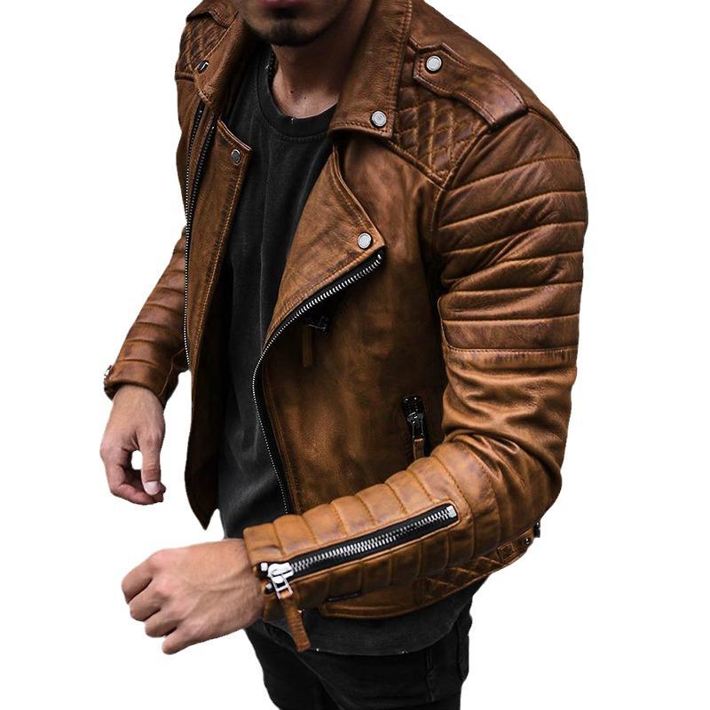 European Fashion Slim Lapel Windproof Men's Motorcycle Leather Jacket for Spring and Autumn