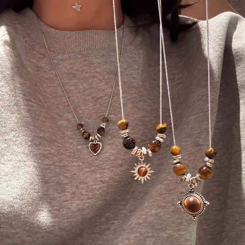 Vintage Silver Color Cross Star Heart Pendant Necklace for Women Hiphop Punk Brown Stone Bead Necklace Sweater Chain Jewelry