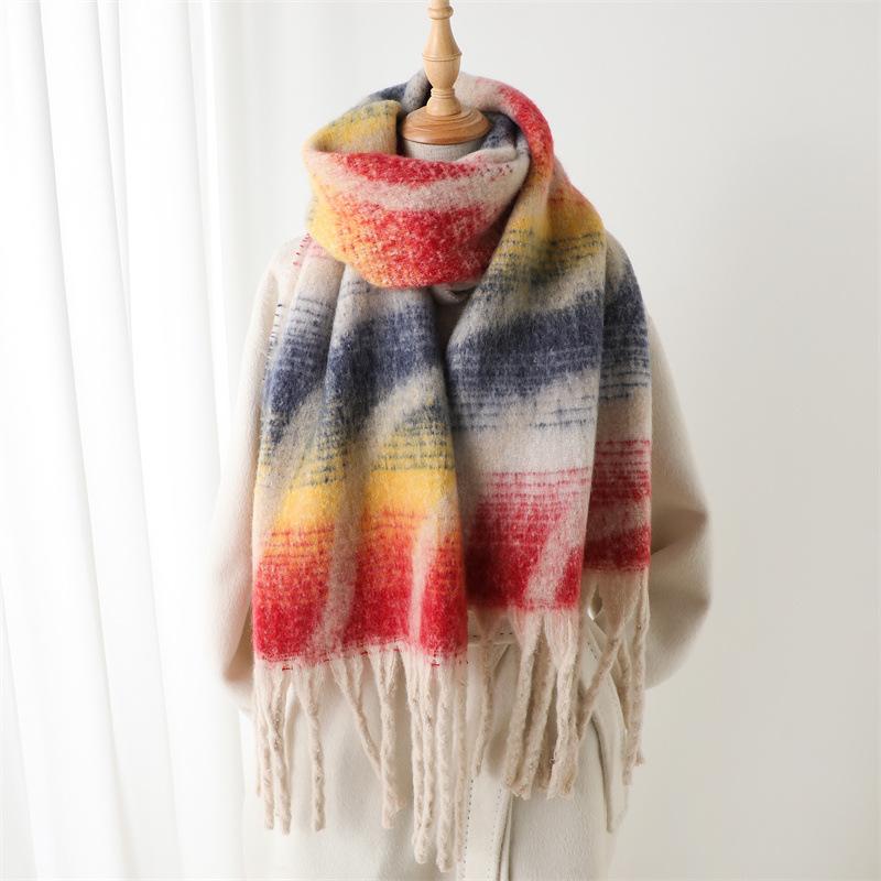 Rainbow Plaid Lines Imitation Cashmere Warm Shawl Scarf Autumn And Winter Fashion Versatile Fringed Commuter Scarf