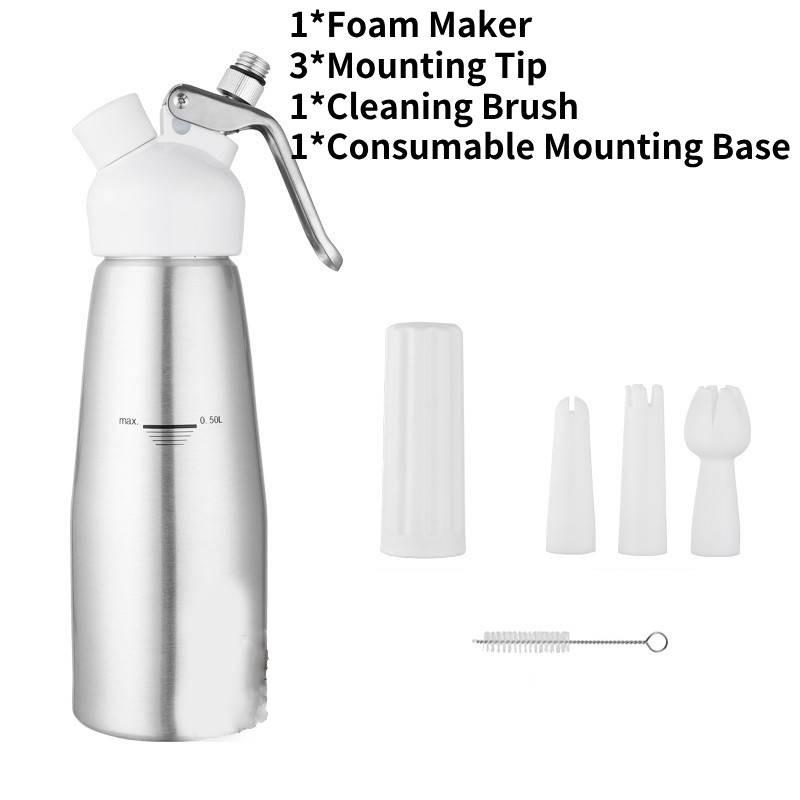 Bottiglia sifone per panna montata in acciaio inox di alta qualità, ideale per decorare e guarnire il caffè, disponibile nei formati da 500 ml e 1000 ml.
