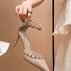 Nude high heels women's 2025 new summer fine heel rivet temperament advanced not tired foot bag head word with single shoes