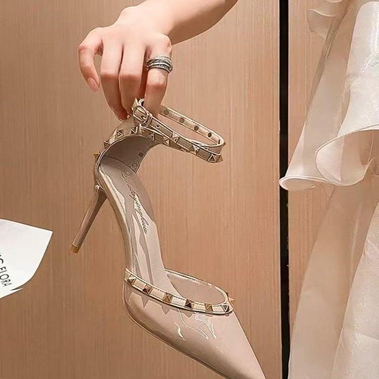 Nude high heels women's 2025 new summer fine heel rivet temperament advanced not tired foot bag head word with single shoes
