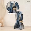 Women Plus Size Blue Gold Printed Round Neck Batwing Sleeve Ruffle Hem Top Fishtail Skirt Two Piece Set
