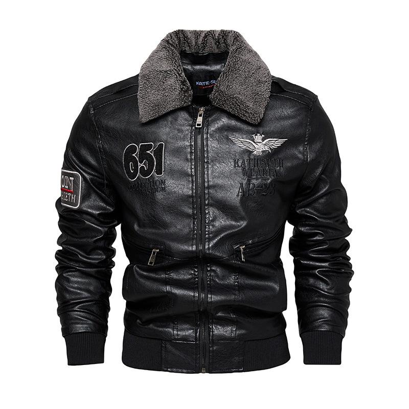 Men's Leather Jacket Men's Autumn and Winter Lapel Fleece Trend Large Size Locomotive