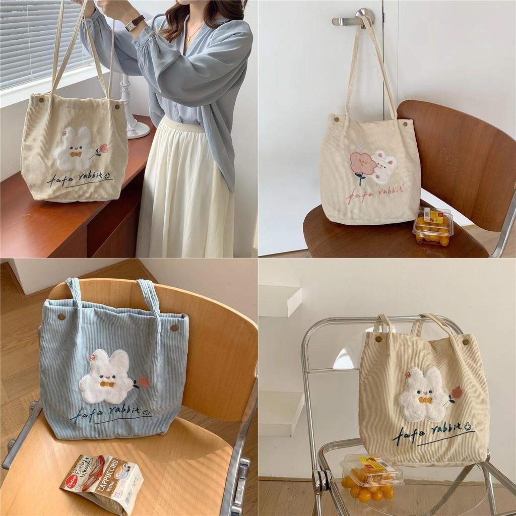 Adorable Floral Embroidered Corduroy Shoulder Bag Sweet Japanese Tote For Students