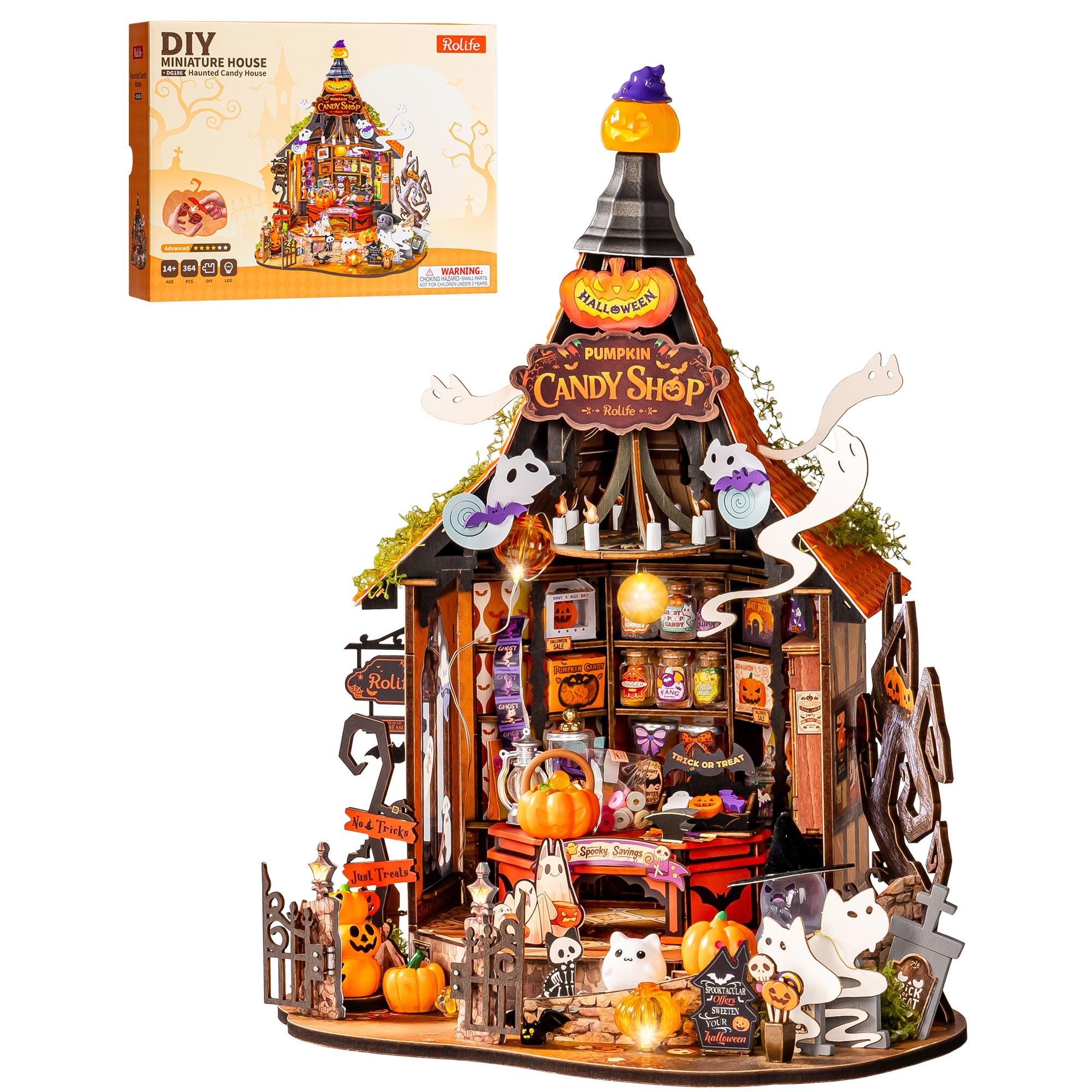 Rolife DIY Miniatuur Huis Kit Spookachtig Snoephuis Houten Poppenhuis Model Bouwpakket met LED Licht voor Huisdecoratie Vakantiecadeau voor Volwassenen Vrienden