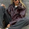 Vintage Solid Color Lapel Zipper Leather Outwear Casual Long Sleeved Elastic Short Women Coat Fall Commuting Street Jacket
